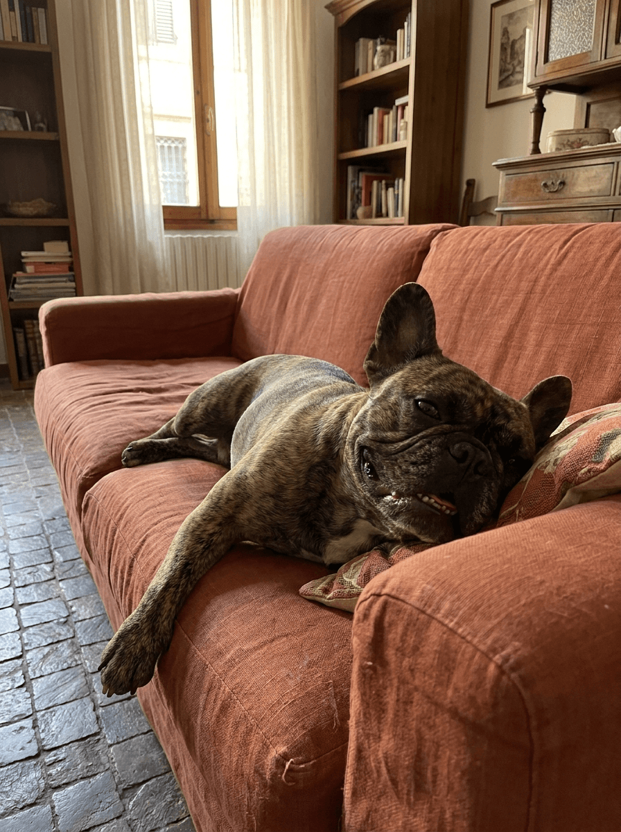 Bulldog Francese adulto con orecchie a pipistrello su sfondo neutro, guida alla razza