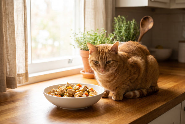 Gatto seduto accanto a una ciotola di cibo fresco per gatti in cucina