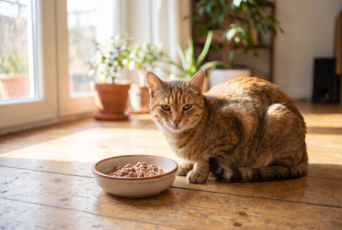 Gatto adulto in forma accanto alla ciotola con cibo per gatti sterilizzati