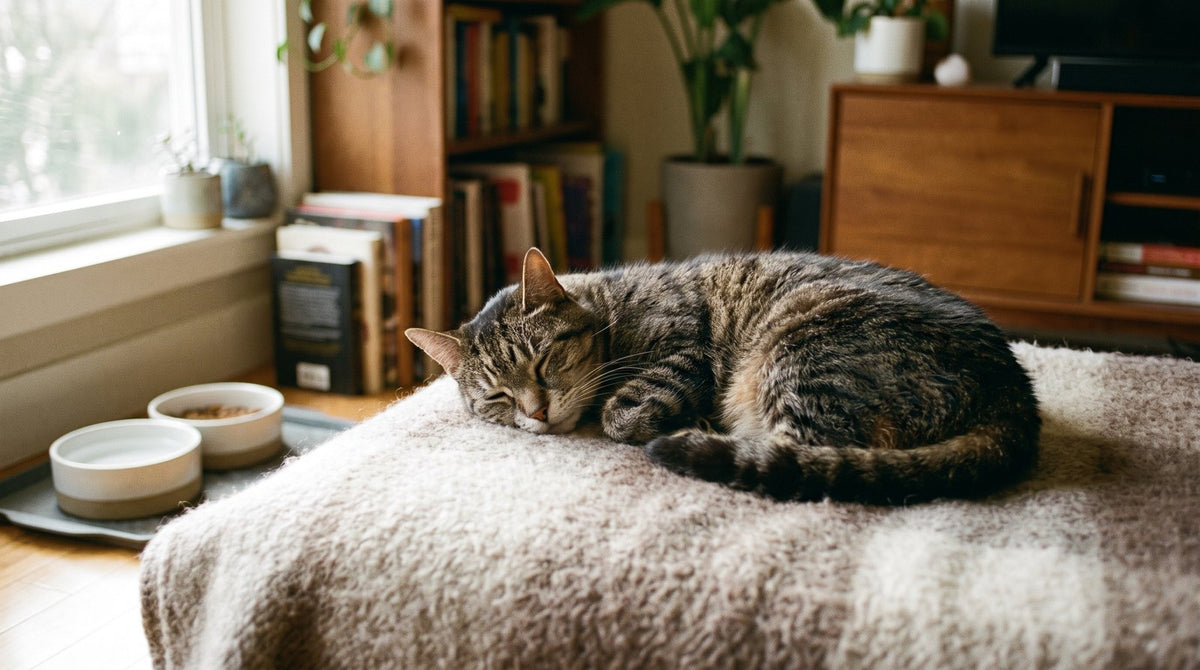 Gatto anziano riposa su una coperta vicino alla ciotola in casa