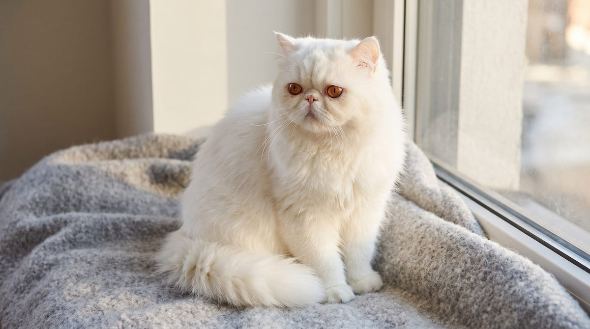 Gatto persiano bianco dal pelo lungo seduto vicino alla finestra