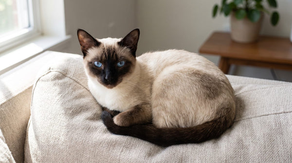 Gatto siamese adulto sdraiato sul divano con gli occhi azzurri