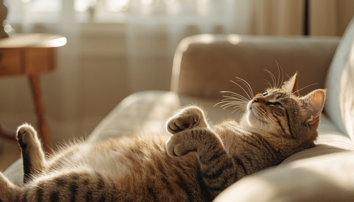 Gatto rilassato a pancia in su su un divano in salotto