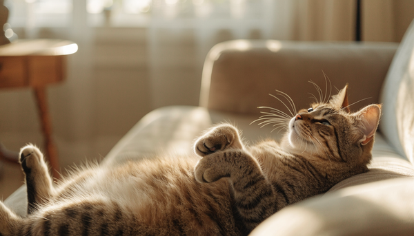 Gatto rilassato a pancia in su su un divano in salotto