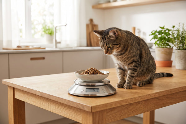 Gatto e bilancia da cucina per capire quanto deve mangiare un gatto ogni giorno