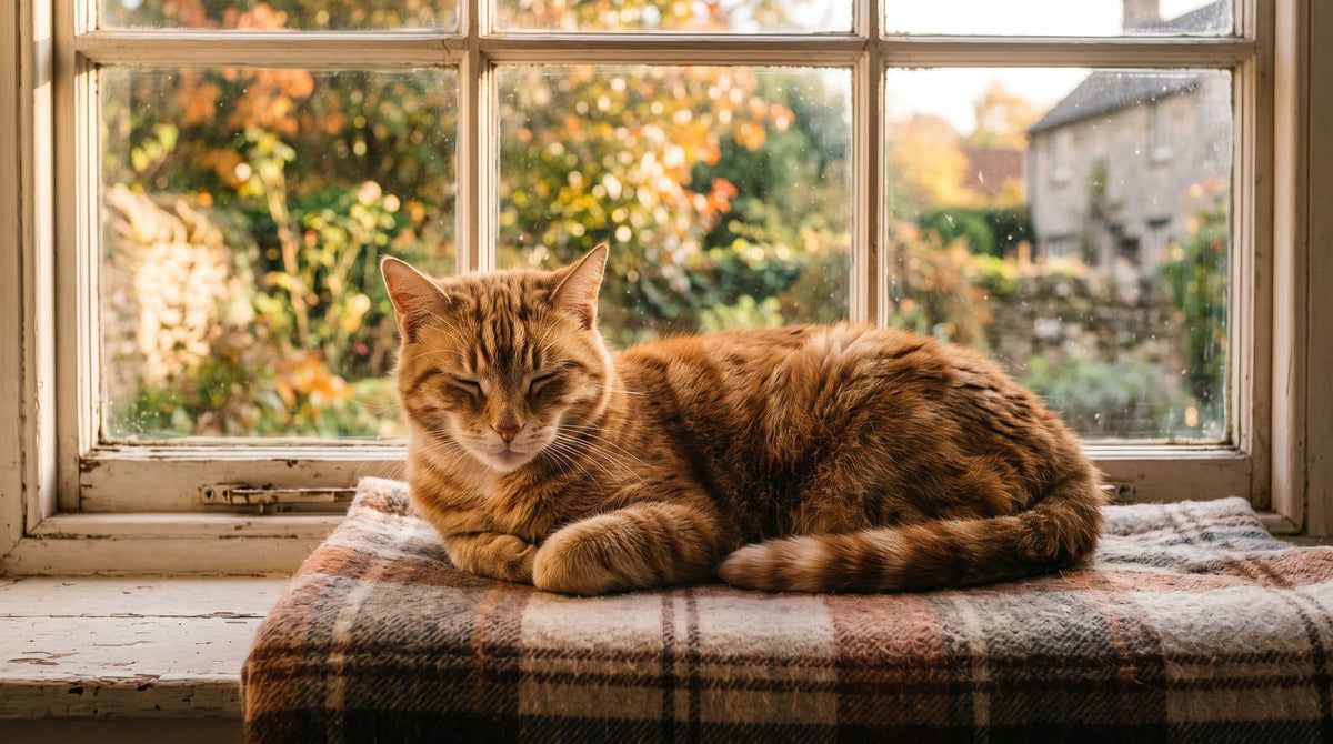 Gatto anziano in salute riposa sul davanzale nella luce dorata del pomeriggio