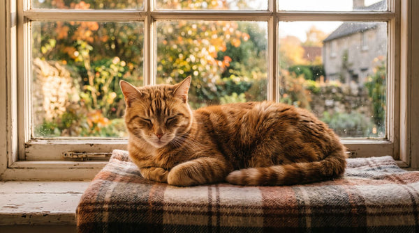 Gatto anziano in salute riposa sul davanzale nella luce dorata del pomeriggio