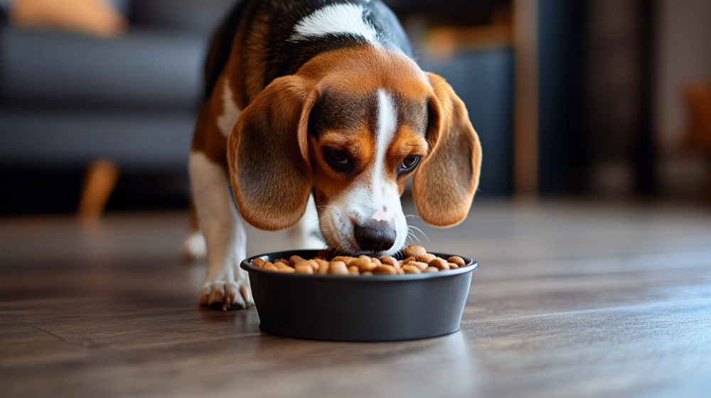 beagle che mangia cibo umido, immagine per illustrare articolo su apparato digerente del cane